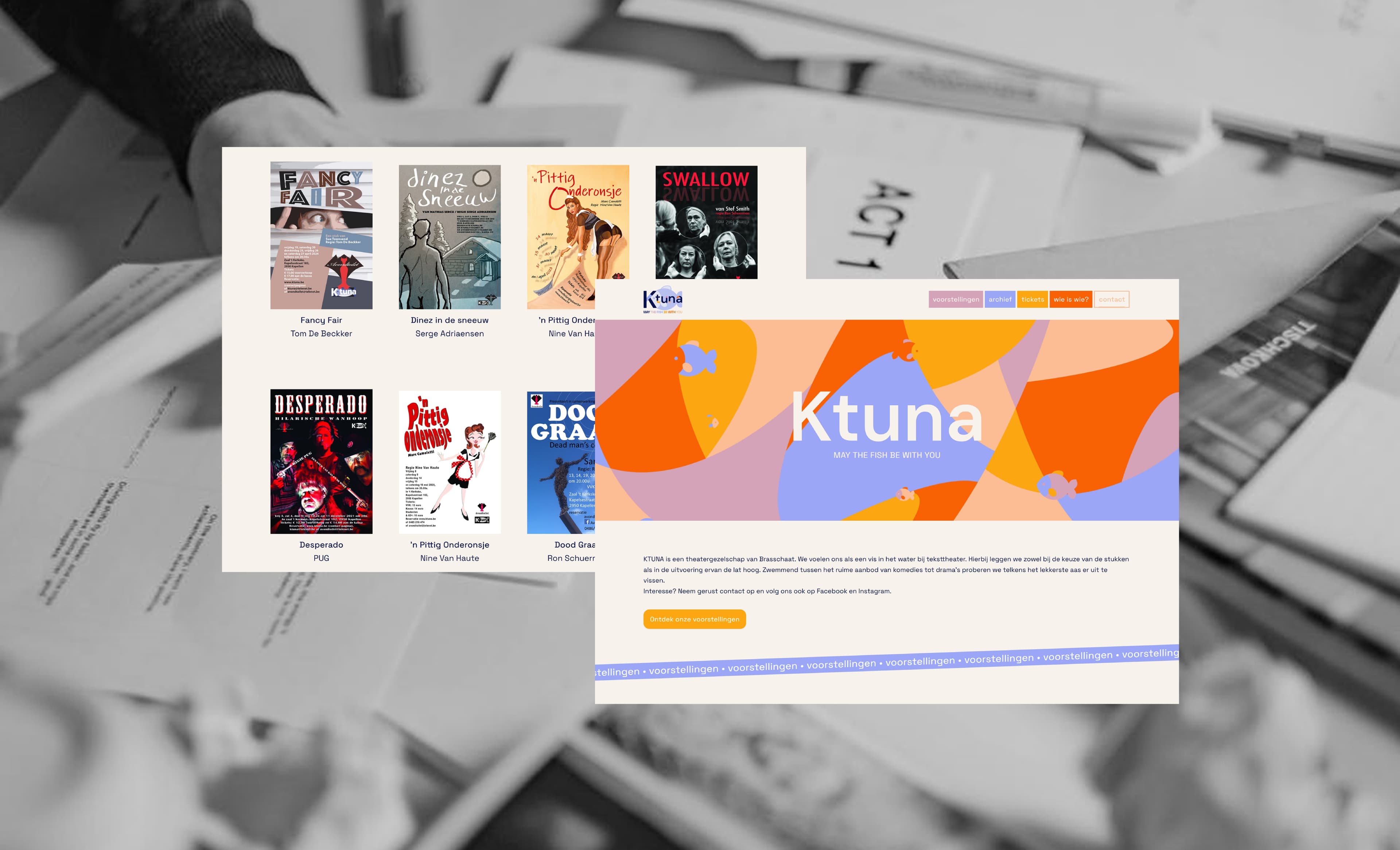 Screenshot van de homepagina en de archiefpagina van Ktuna