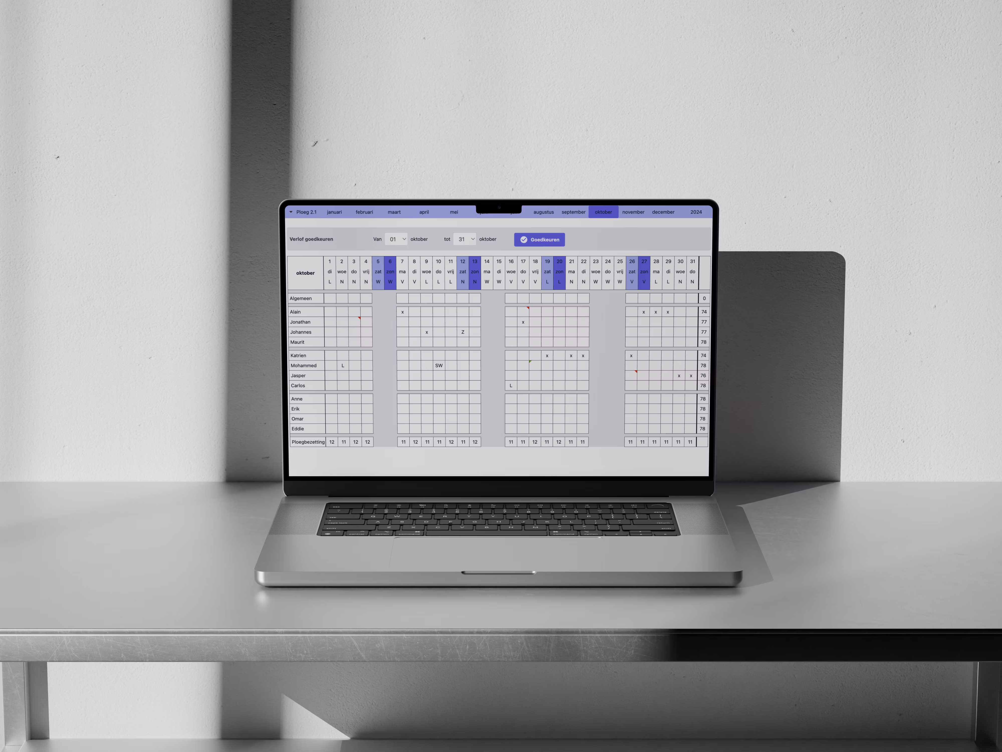 Shiftplanning weergegeven op een computerscherm
