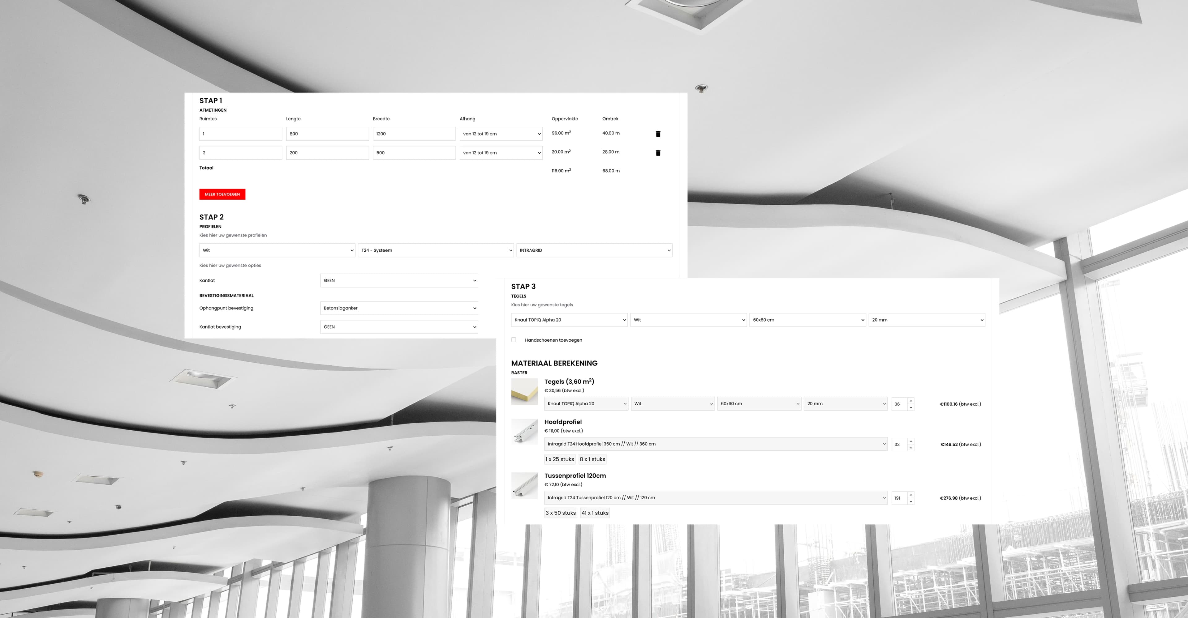De verschillende stappen in de plafondconfigurator, van afmetingen tot profielen en tegels. 